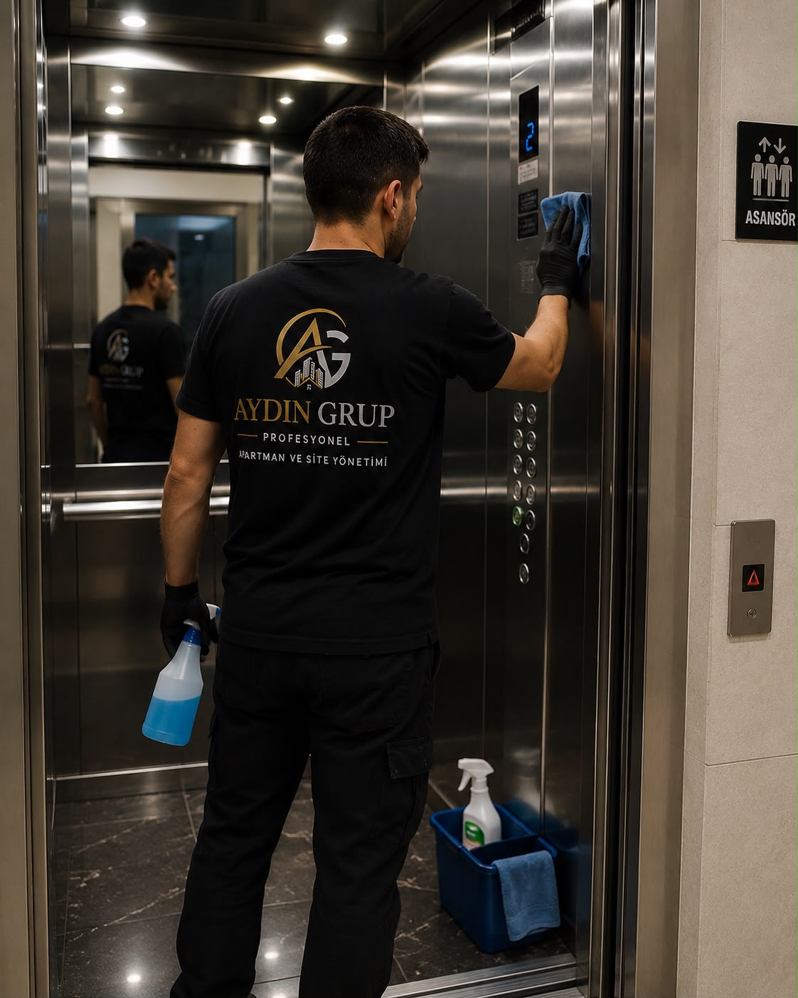 Aydın Grup personeli asansör temizliği yaparken