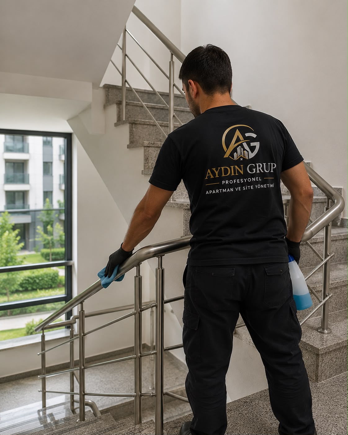 Aydın Grup personeli merdiven korkuluğu temizliği yaparken