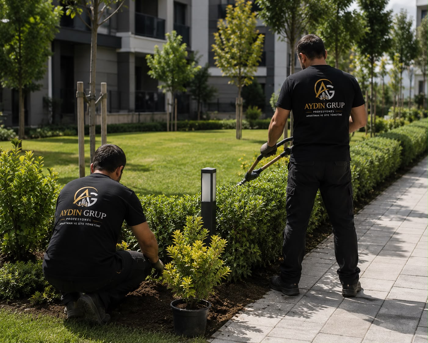 Aydın Grup ekibi site peyzaj bakımında çalışırken