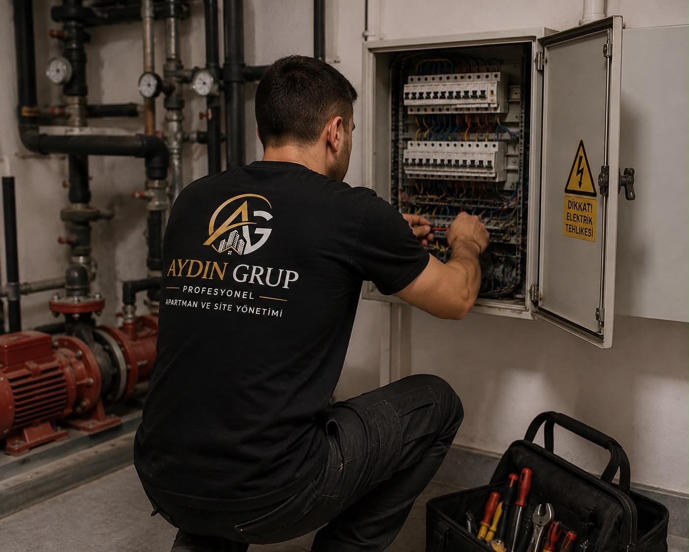 Aydın Grup teknik ekip elektrik panosu kontrolü yaparken
