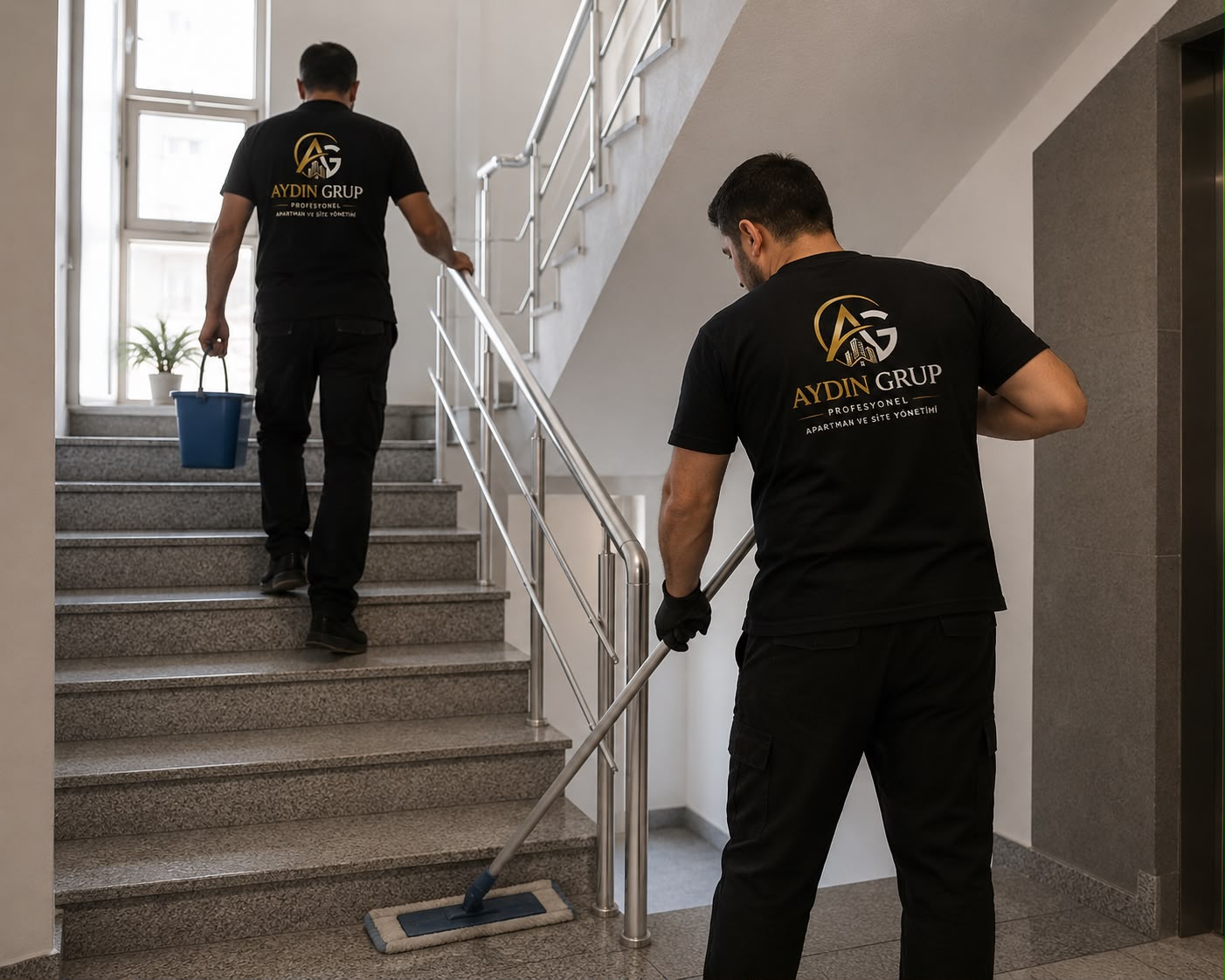 Aydın Grup ekibi apartman merdiven temizliği yaparken